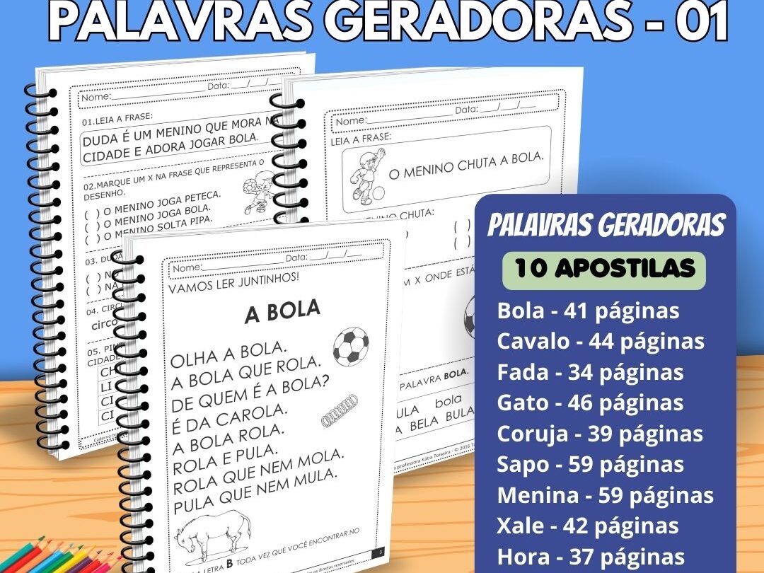 Projeto de Alfabetização Palavras Geradoras com 10 Apostilas