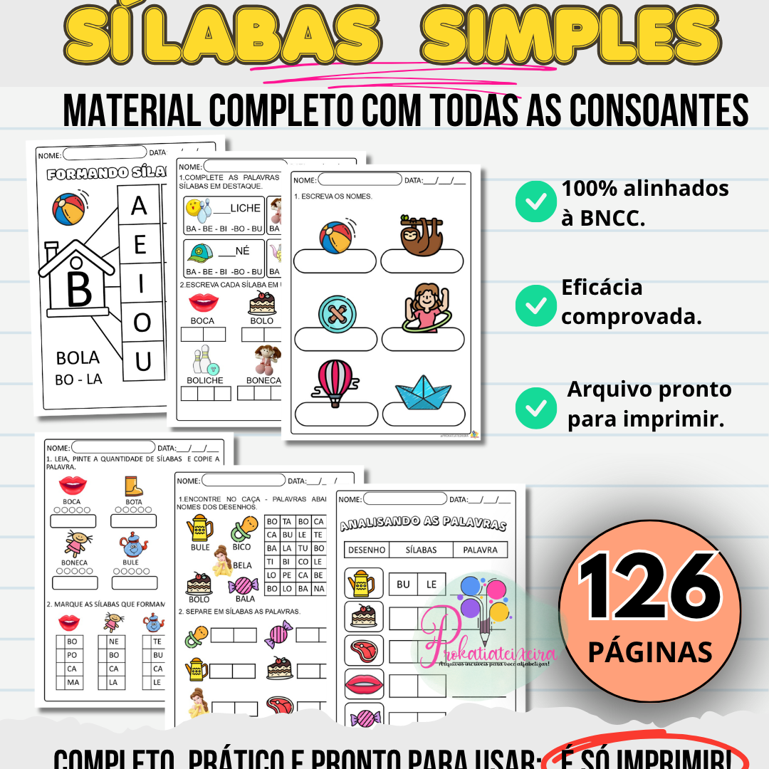 Sílabas Simples com 126 páginas - Caderno 01