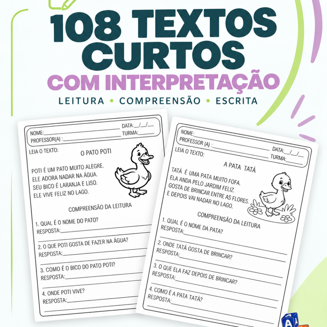 108 Textos Curtos com interpretação para alfabetização